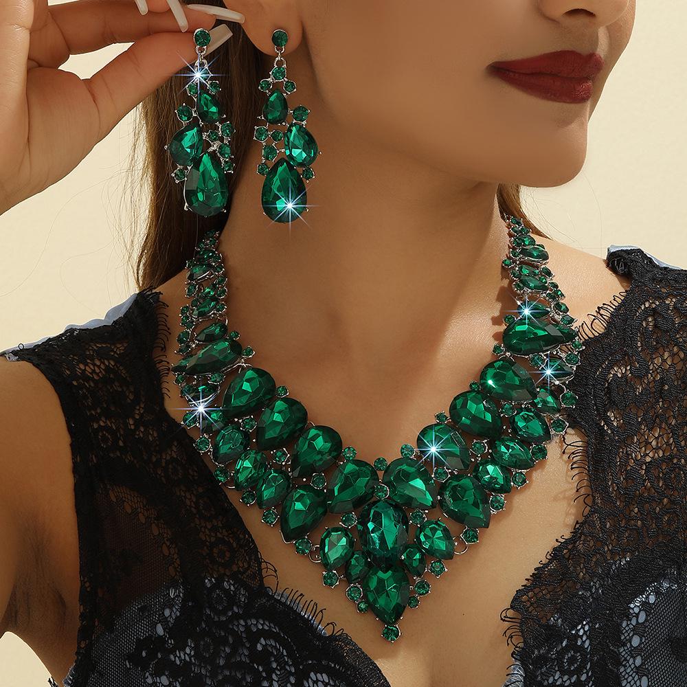 European Grand Green Crystal Necklace & Earring Set for Bride