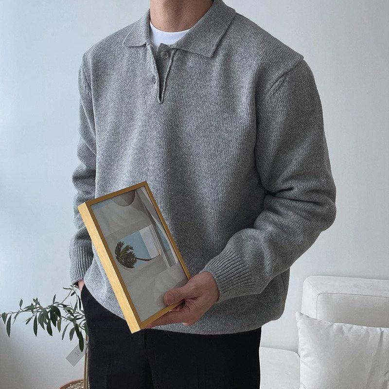 Suéter Polo Masculino de Alta Qualidade Estilo Coreano Cor Sólida - Tricô Casual Tendência com Gola para Outono