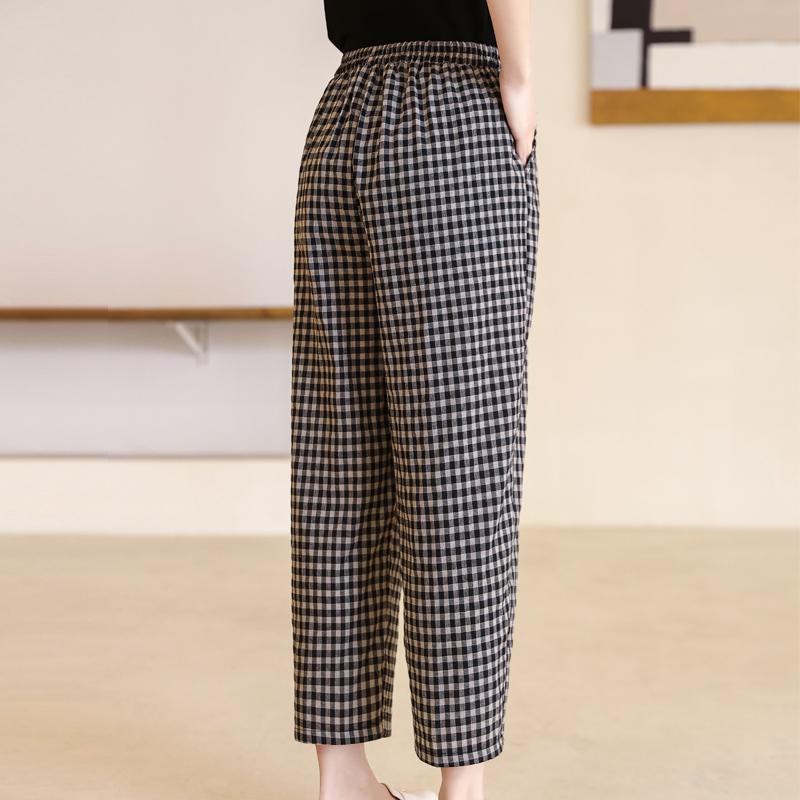 Casual High Waist Pants for Women Plus Size Vintage Striped Elastic Waist Summer Plaid Pants