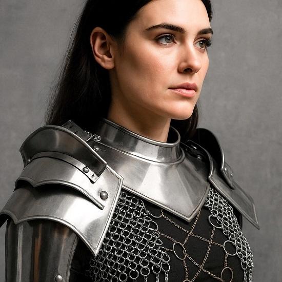 Women’s Medieval Knight Costume Handcrafted Steel Chainmail Armor Set for LARP, Cosplay And Renaissance Fairs