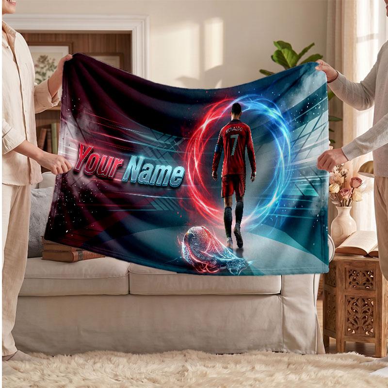 Cristiano Ronaldo Personalized Fleece Blanket With Football Logo, Custom Name Text Soft Warm Home Throw Blanket