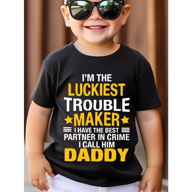 

European sizes Boys Funny I Am the Luckiest Troublemaker T-Shirt - Casual Short Sleeve Round Neck Tee with Letter Print 98cm чёрный