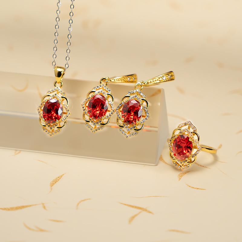 

2026 Zircon Non-Fading Jewelry Necklace Earrings Ring Red Jewelry Set Three-piece Set 45CM