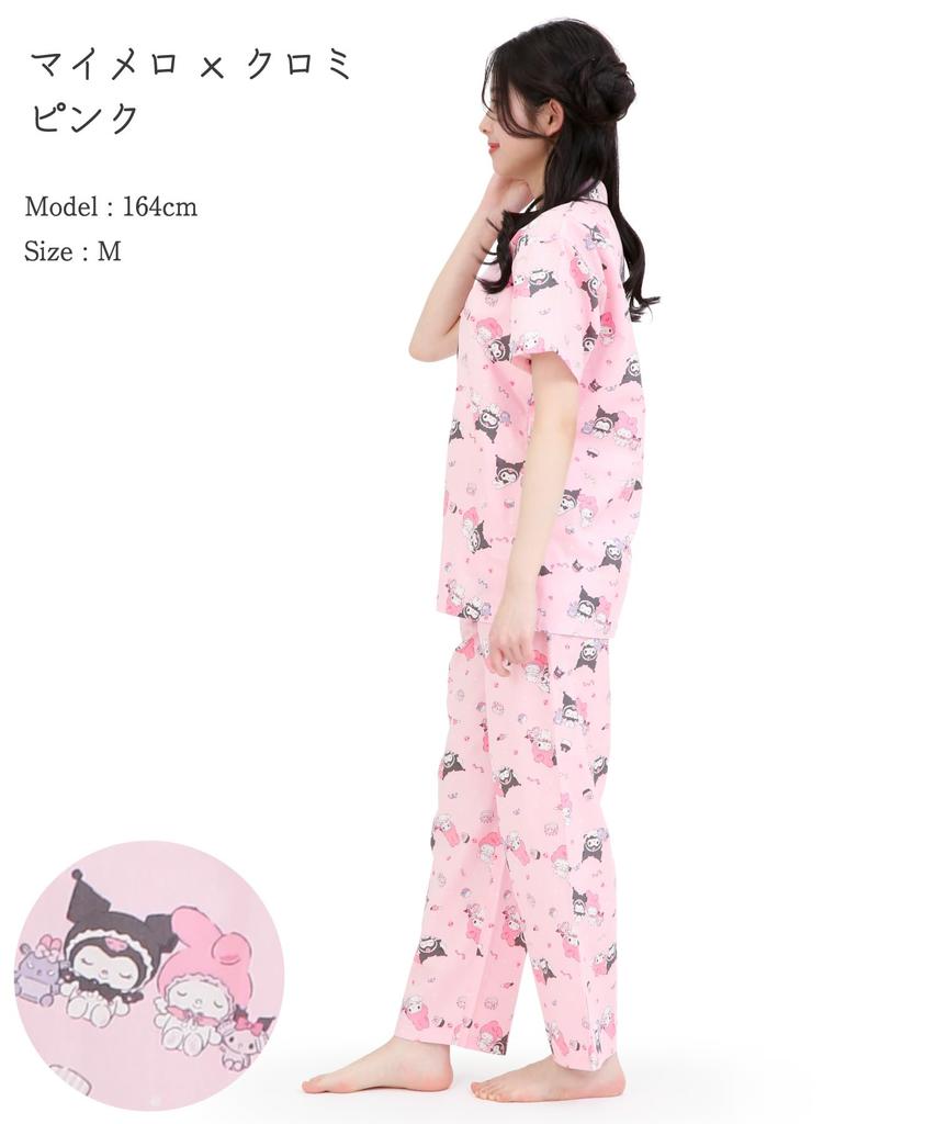 SAZAC Angel My Melody x Kuromi Shirt Cotton Short Sleeve and Long Pants Loungewear Pajamas, 100% Broadcloth, Women's Set, (Pink/M/SAN1947)