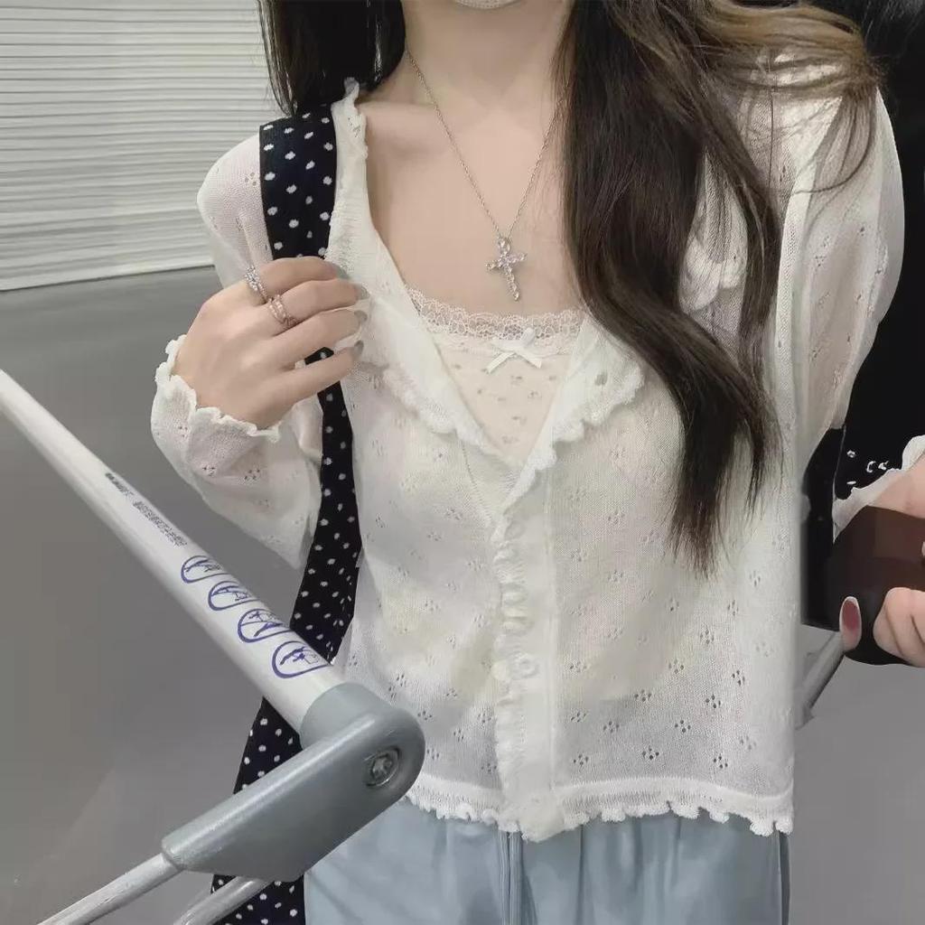 Elegantní korejský letní svetr s dutým úpletem 2025 - Dámský volný kardigan s krátkým dlouhým rukávem