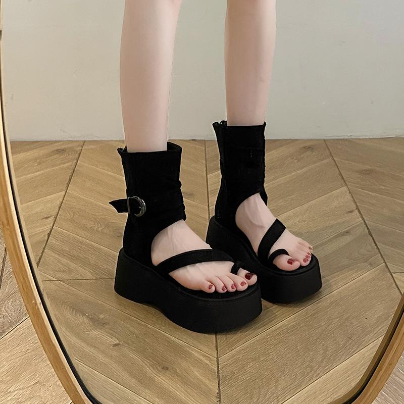 High-top Sandals Retro Thick-soled Roman Cool Boots for Women's 2025 Summer New Fashion Sets with Heightened Toes and Zipper Short Boots