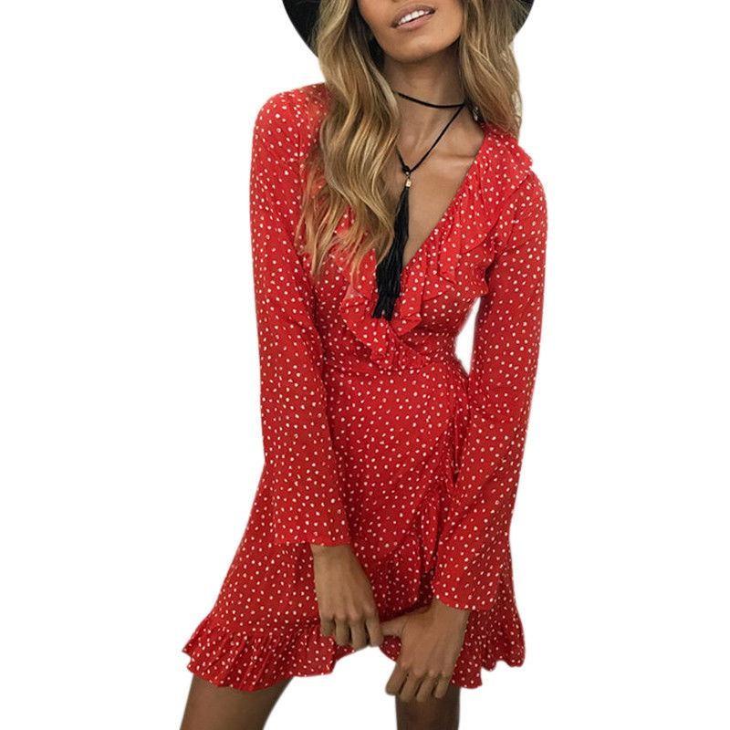 Elegant 128 Digital Print Irregular Ruffle Hem Polka Dot Deep V Chiffon Dress For Stylish Adults