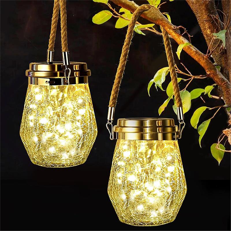 Solar Diamond Hanging Lantern Outdoor with LED String Lights Warm White/Multicolo Cracked Glass for Garden Patio Yard Porch Deco