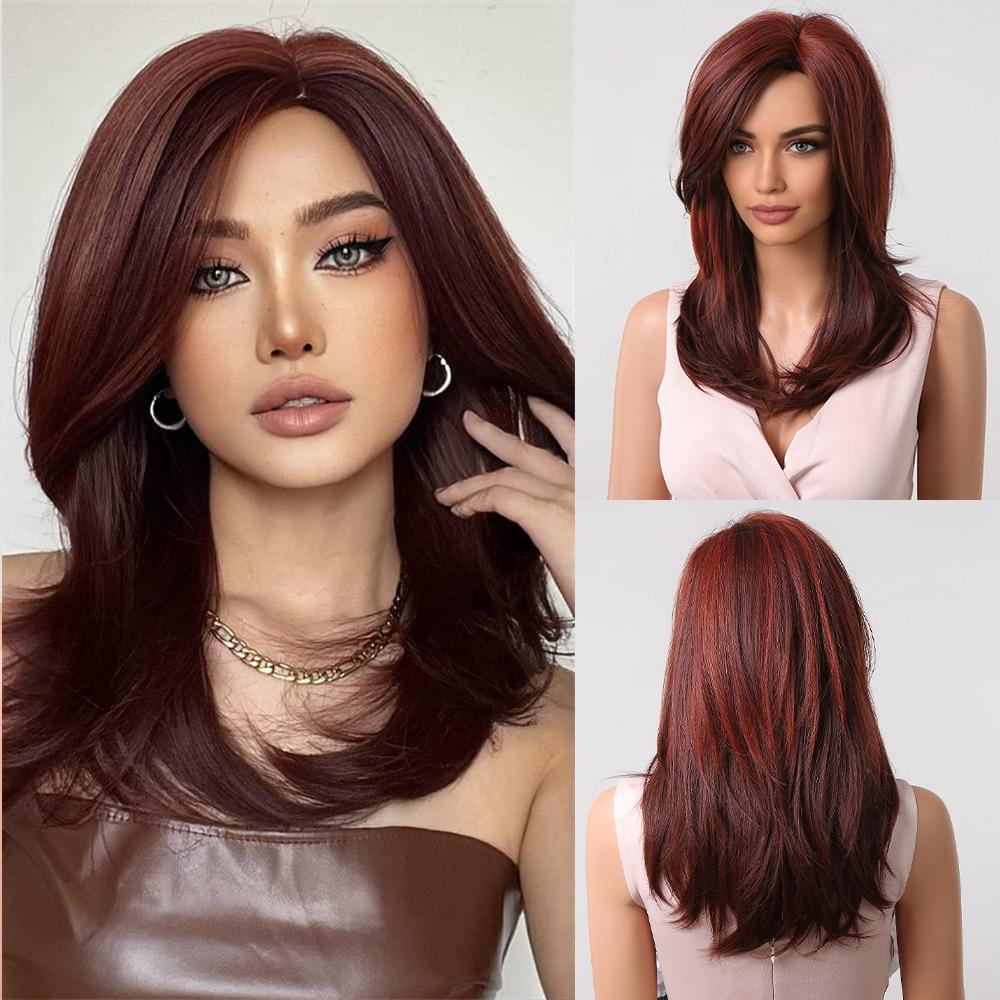 

ALAN EATON Темно-рыжий парик из синтетических волос для белых женщин Длинные многослойные рыжие парики с челкой Натуральное ежедневное использование Термостойкое волокно