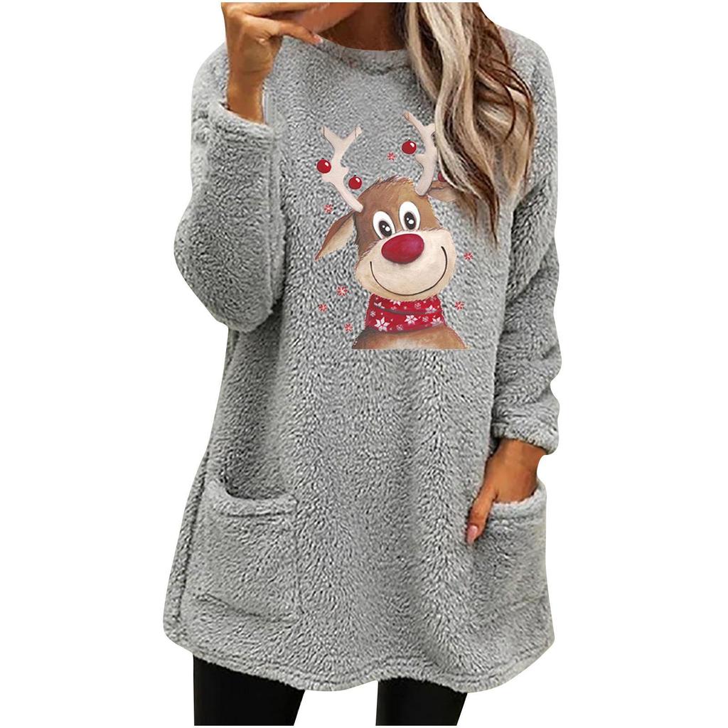 Women's Christmas Elk Print Long Sleeve Pocket Hoodie - Casual Loose Fit for Autumn/Winter