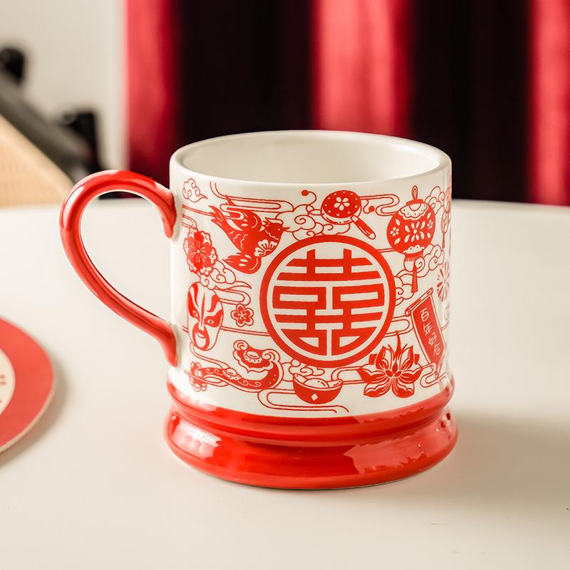 Кружка Свадебная чашка Сувенир Красная Высокоценная Парная чашка Праздничный Китайский стиль Гуочао Керамическая чашка Женская 301-400ml