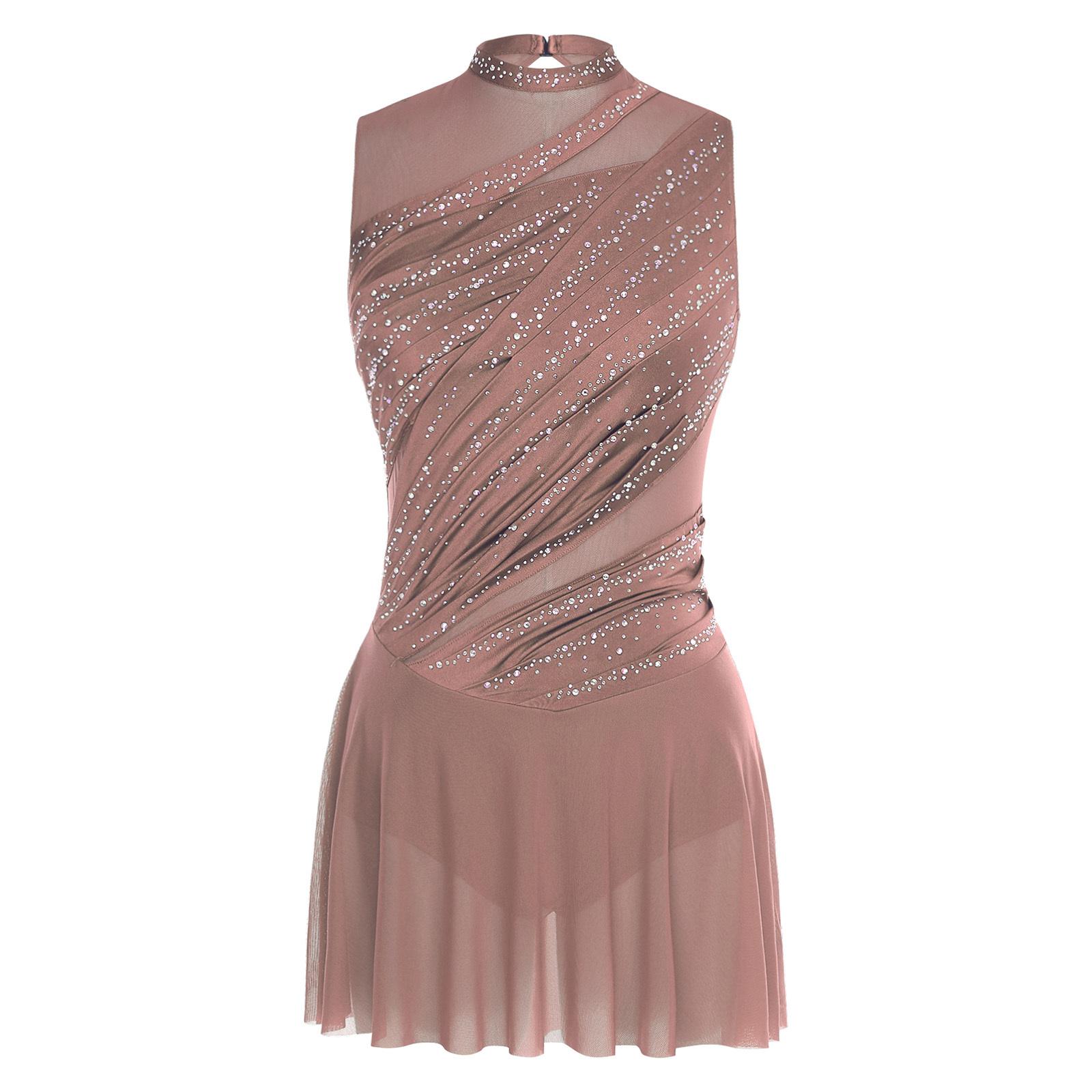 Yunduantong-electronic Women Lyrical Dance Dress Round Collar Sleeveless Ruched Design Rhinestone Embellished Backless Performance Gown L koffie
