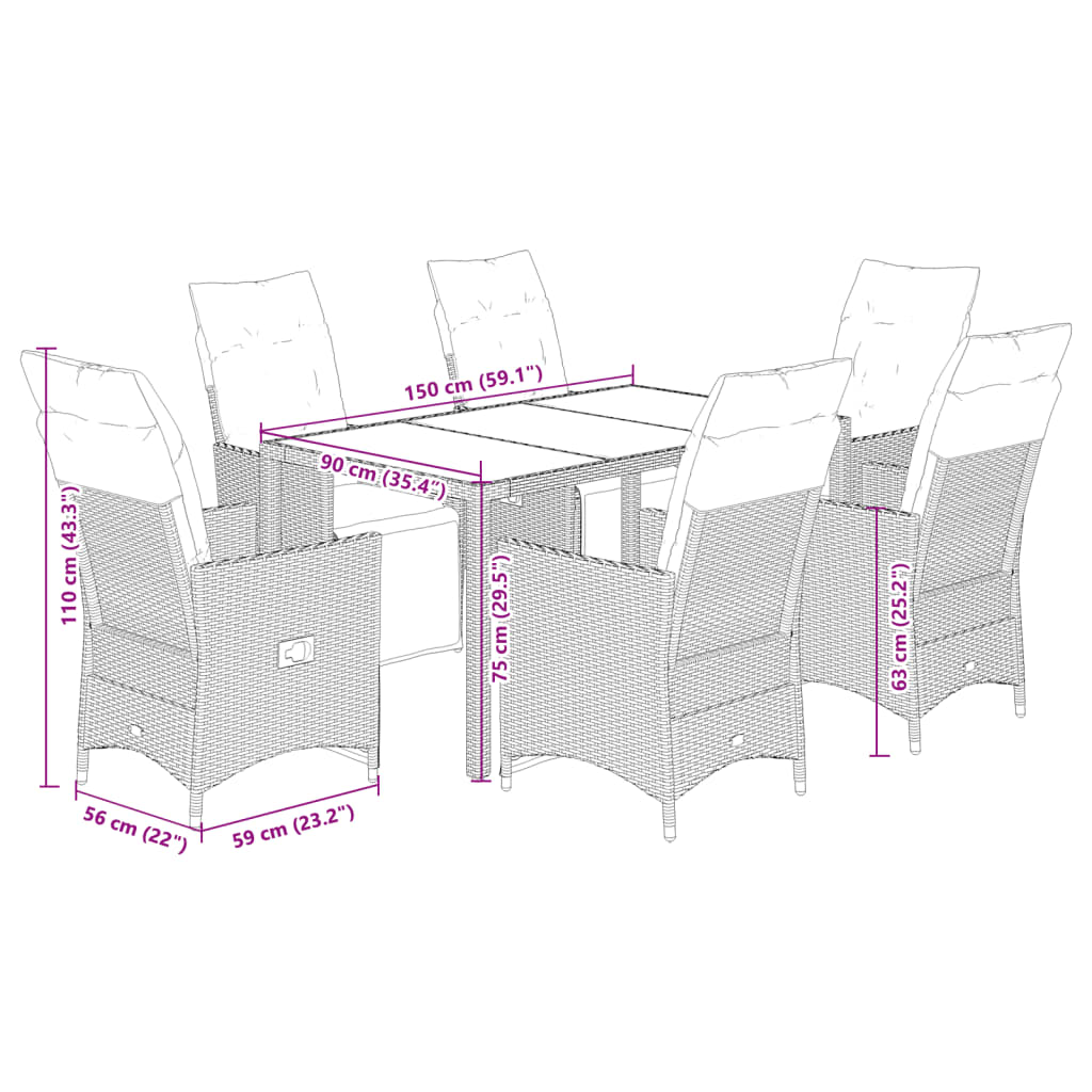 7 Piece Garden Bistro Set with Beige Cushions Poly Rattan