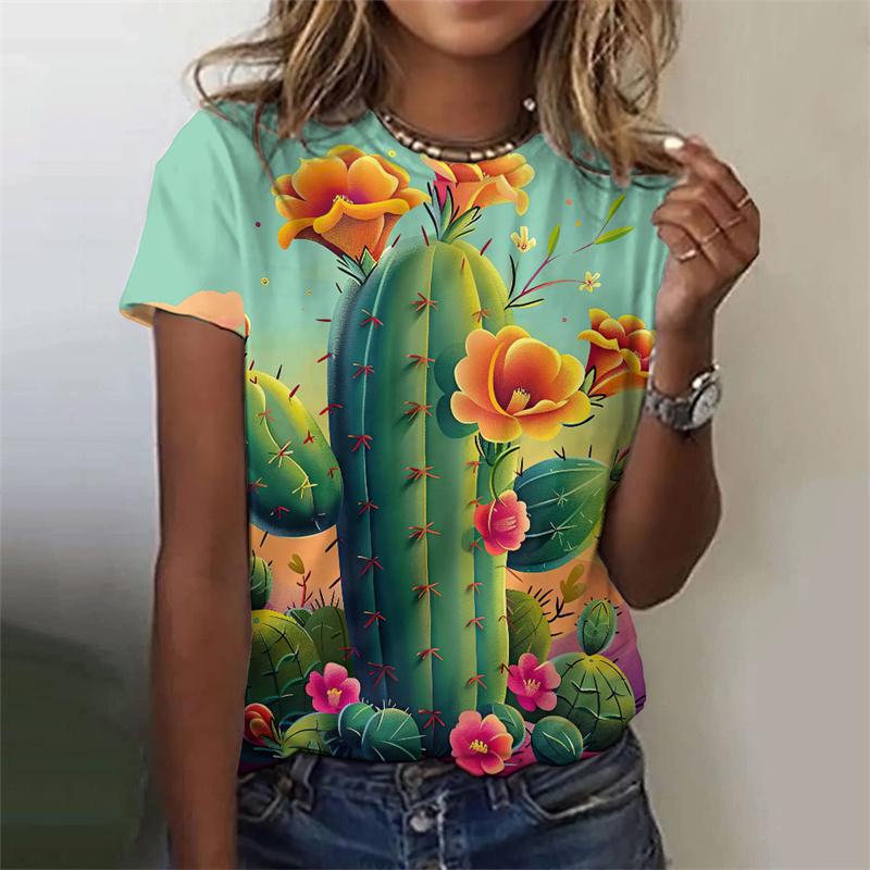 T-Shirt für Damen mit Blumen- und Kaktus-Muster, farbenfrohes Pflanzen-3D-Druck-T-Shirt, Sommermode, Street-T-Shirts, kurzärmelige Oberteile mit Rundhalsausschnitt