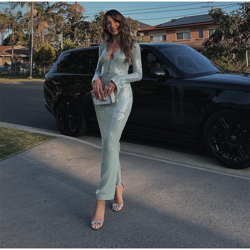 Дамское женское сексуальное длинное сетчатое платье с пайетками и разрезом по талии — фото 13