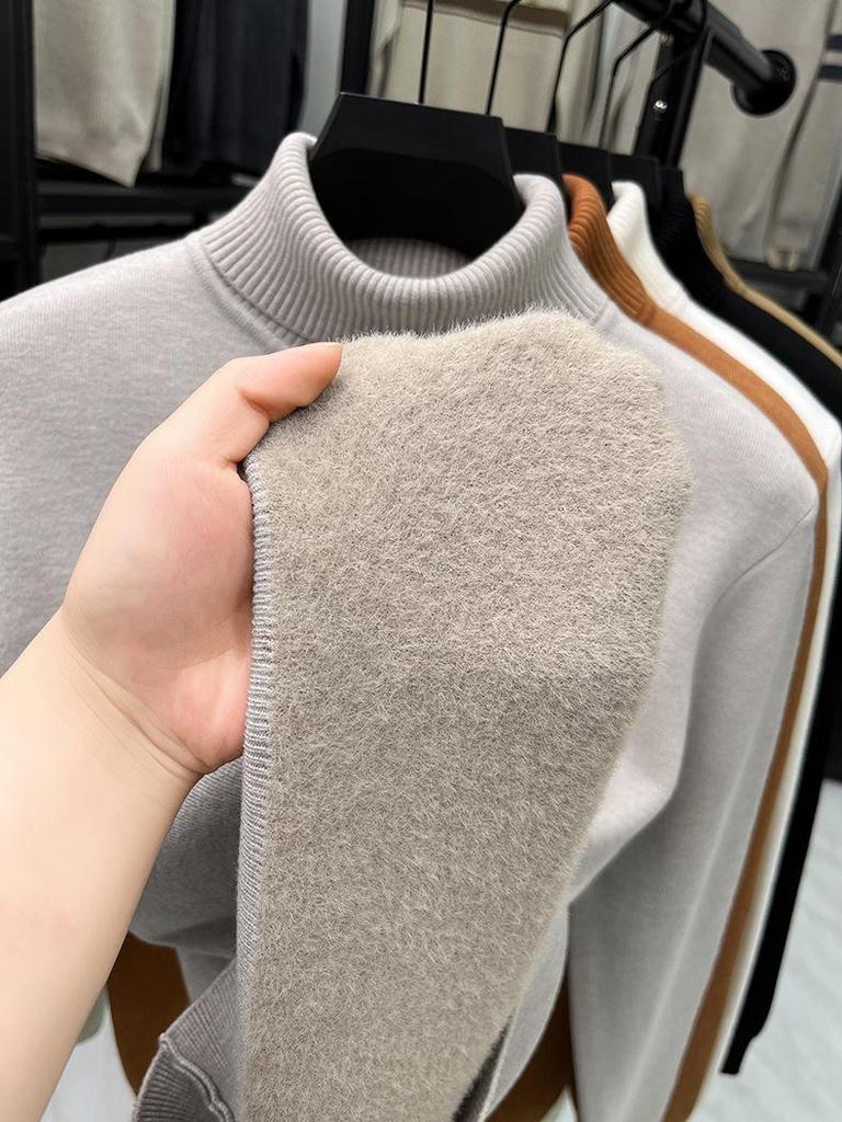 Men's Fashionable Thick Knit Pullover with Double-Fold High Neck, Fleece-Lined for Warmth, Solid Color, Perfect for Middle-Aged and Young Adults.