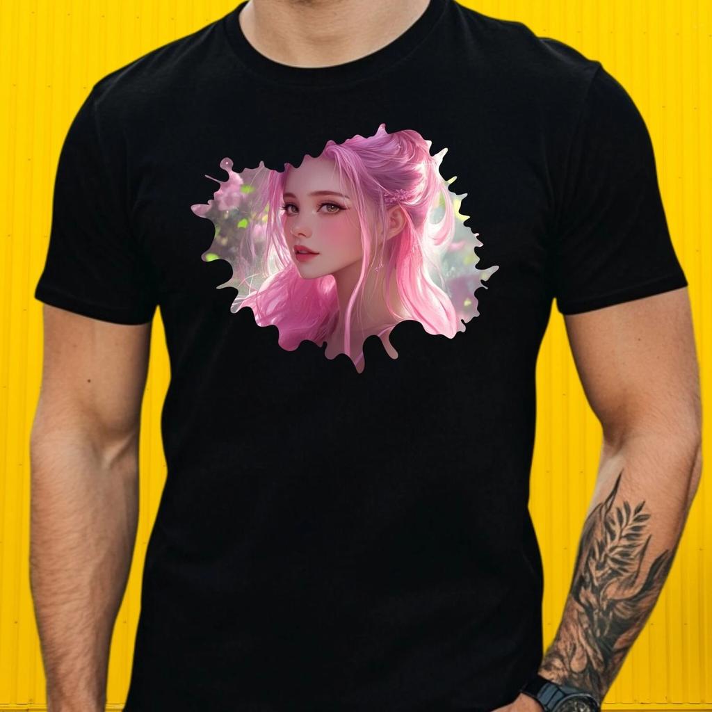 T-Shirt Herren Anime Mädchen mit rosa Haaren Motiv Baumwolle Größe S bis 5XL