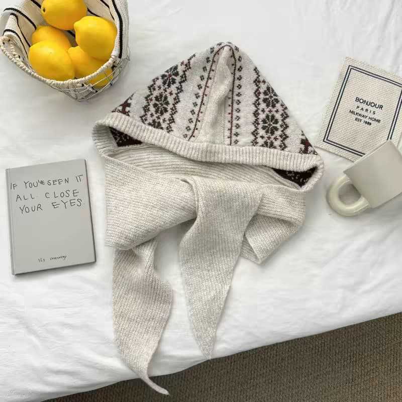 Vintage Fair Island Jacquard Knitted Hooded Scarf Women's Autumn and Winter Ribbon Baotou Ear Cap Integrated Thermal Cap