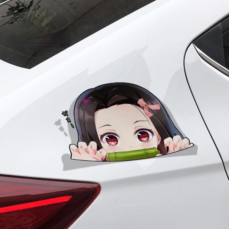Cartoon Car Sticker for Nezuko Kamado Demon Slayer Peeker Big Head Anime Vinyl Rear Windshield Trunk Stickers,13cm*13cm
