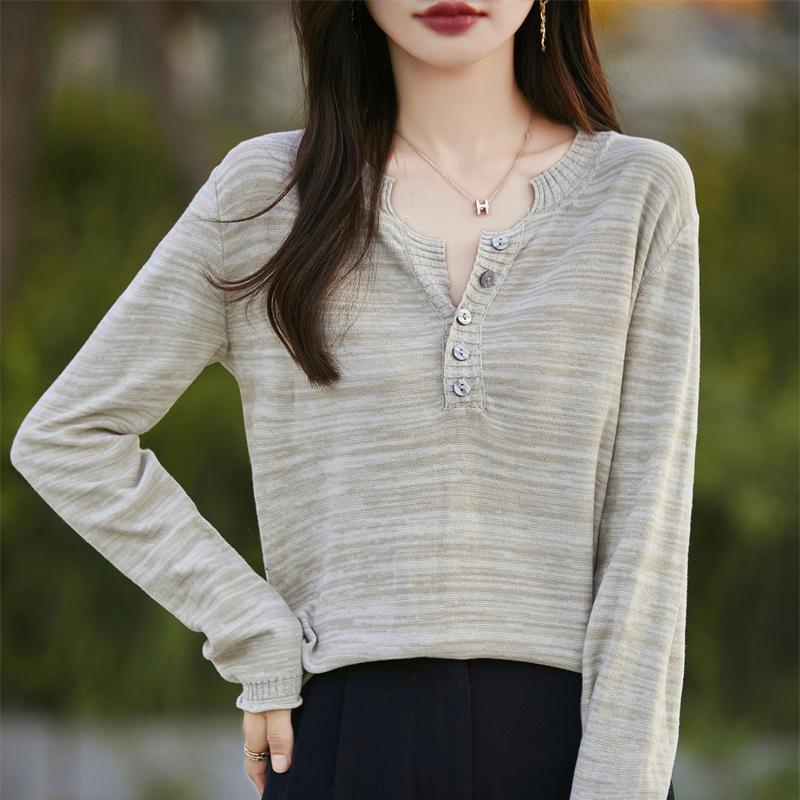 Women's Pure Cotton V-Neck Knitwear: Autumn/Winter Loose Casual Base Layer Sweater