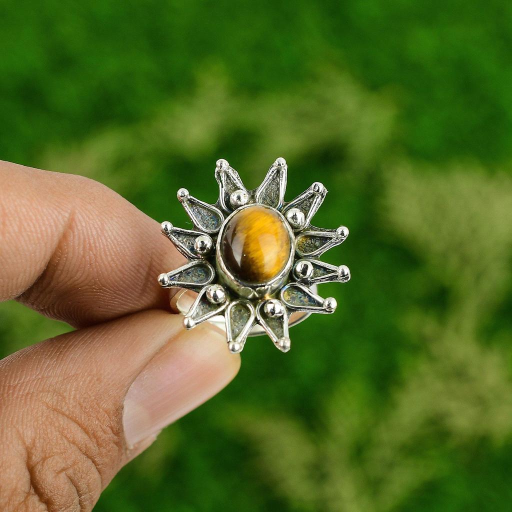 Gift For Her 925 Silver Natural Tiger'S Eye Stackable Flower Adjustable Ring