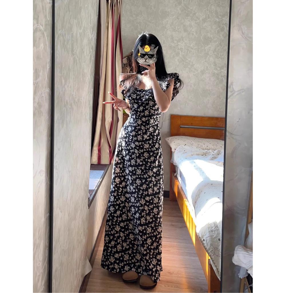 75 Tall Extended Black Floral Waist Dress Women's Ankle Rose Island Lotus Leaf Edge Skinny Long Dress