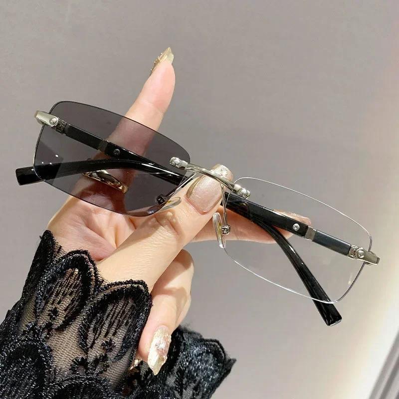 Ultra Light Frameless Photochromic Myopia Glasses Blue Light Blocking Eye Protection Color Changing