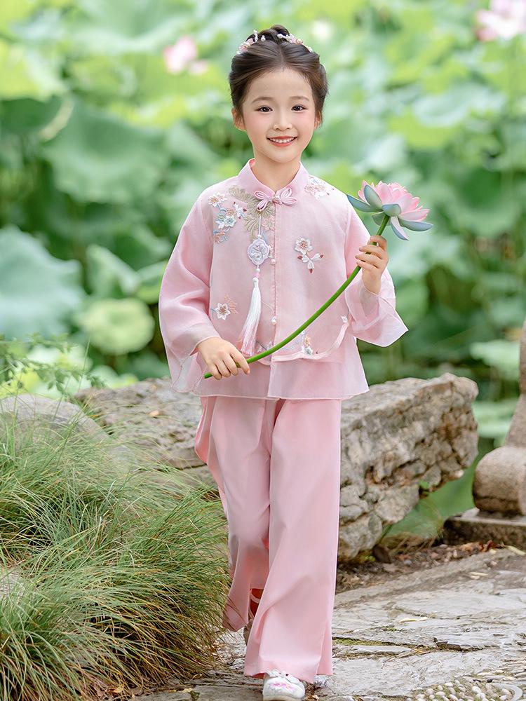 Dívčí Hanfu set s dlouhým rukávem - Starověký styl pro jaro a podzim 2025, Nový čínský národní styl dvoudílný top a kalhoty.