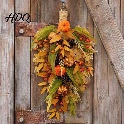 Seasonal Wall Hanging Artificial Fall Teardrop Swag Faux Pumpkins Berries Pinecones Leaves Door Easy Harvest Swag Autumn Wreath for Thanksgiving