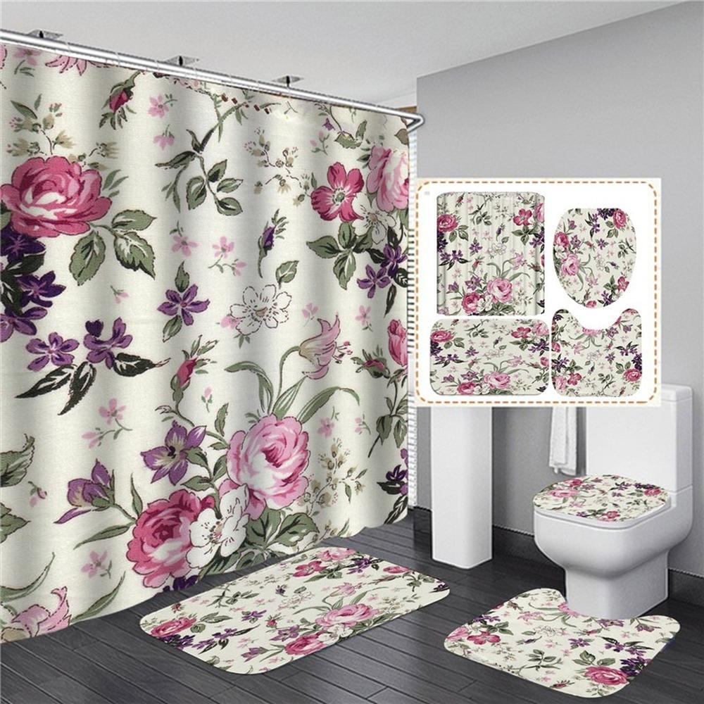 Pink Flowers Rose Elegant Printed Shower Curtain Set Waterproof Women Bathing Bathroom Pedestal Rug Lid Carpet Cortina Ducha