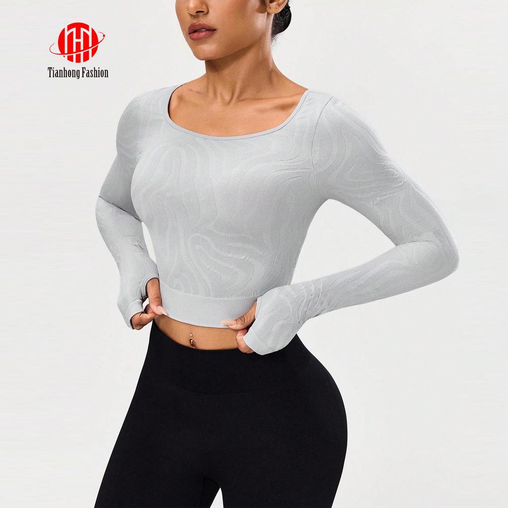Solid Color Long Sleeve Seamless Knit Yoga Top for Outdoor Sports & Fitness