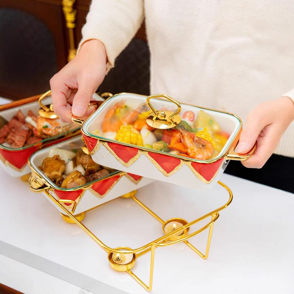 Three-grid Rectangular Ceramic Plate Soup Pot Metal Shelf Hotel Restaurant Hand-Colored Soup Pot Dry Pot Tableware Set