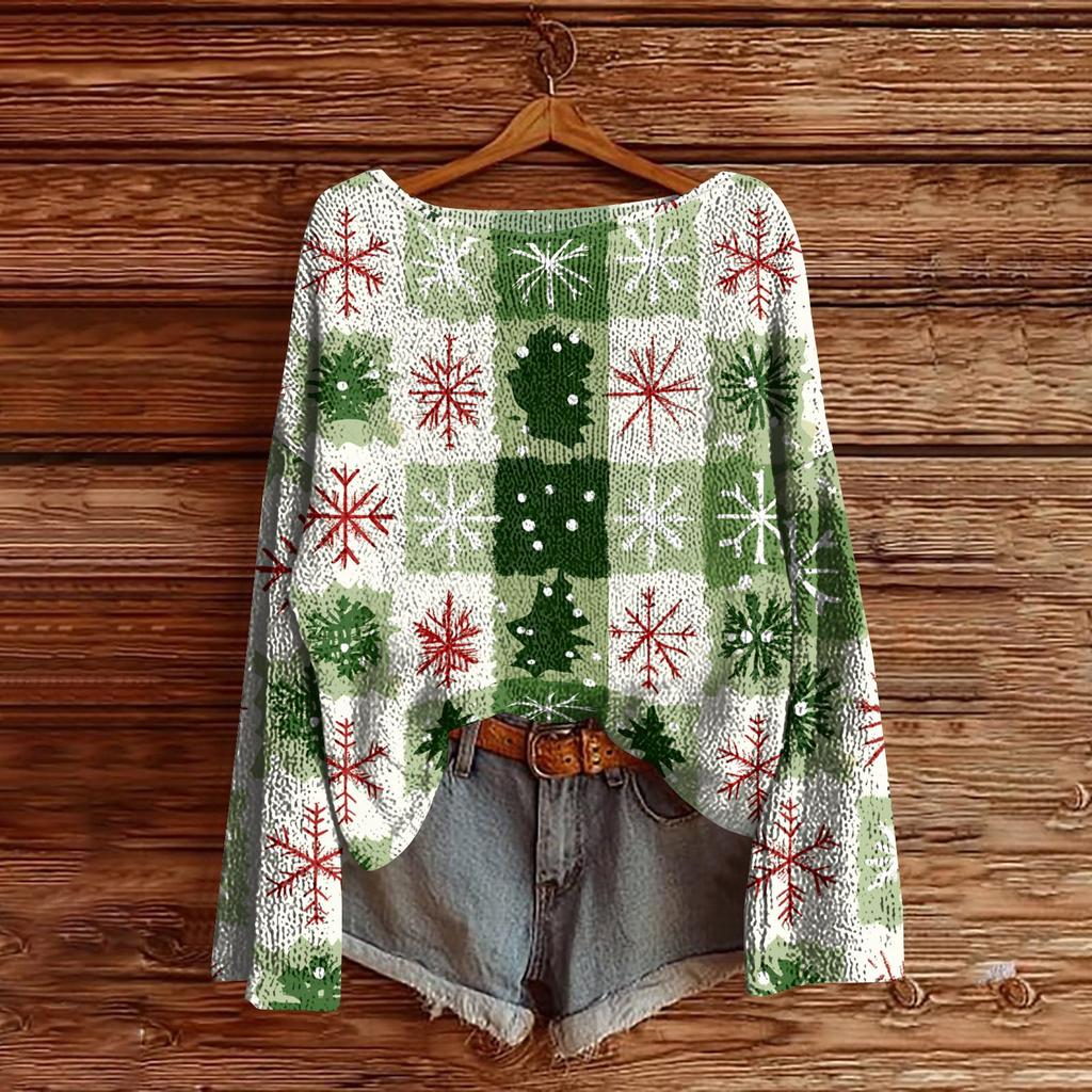 Dame Juleprint Lett Genser Casual Langermet Strikket Pullover