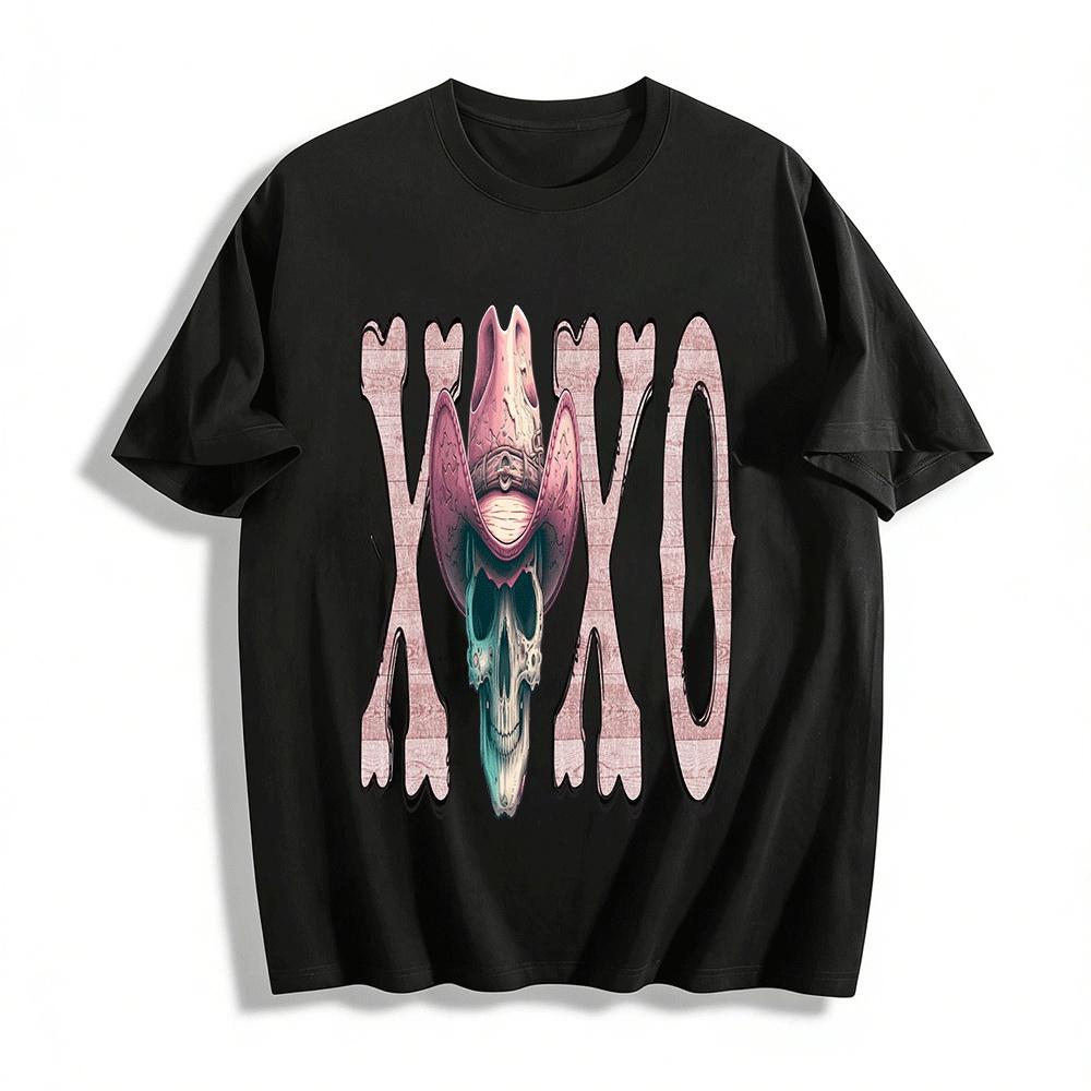 

Western Style Pink Cowboy Hat Skull XXO Print Casual Top Pure cotton T-shirt XXS