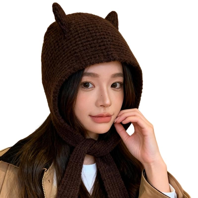 Lovely Devil Ear Knit Hat With Neck Wrap Breathable Pullover Hat For Women Daily Outfit and Outdoor Cycling Walking