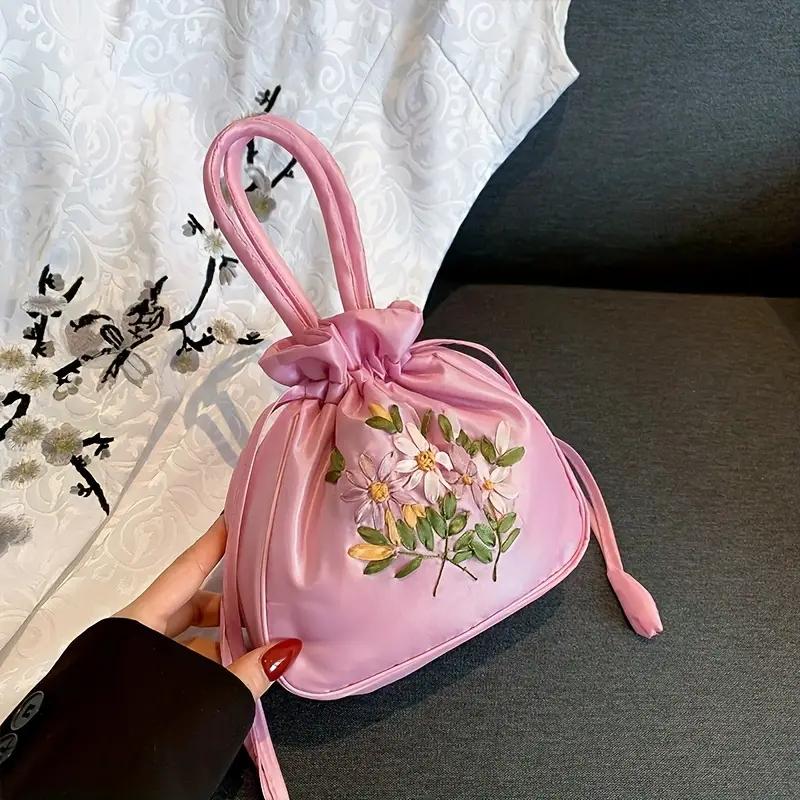 Yogodlns Retro Embroidery Drawstring Bag Flower Pattern Bucket Bag Womens Fashion Handbag Coin Purse