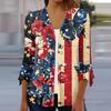 Women's Loose Casual Independence Day Printed Seven Sleeve Button Down Shirt Cardigan Top