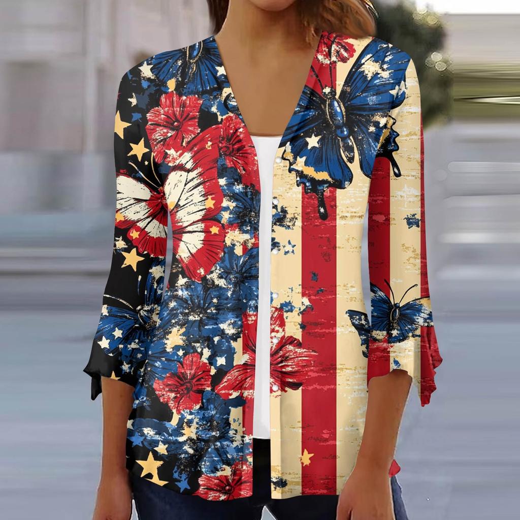 Women's Loose Casual Independence Day Printed Seven Sleeve Button Down Shirt Cardigan Top