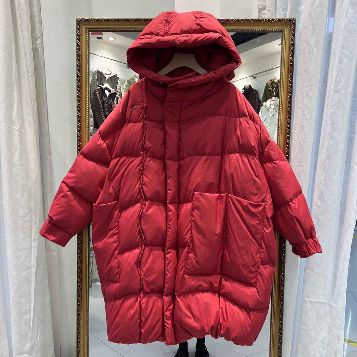 

Женский осенне-зимний пуховик с большими лацканами и капюшоном, свободное однотонное пальто большого размера One Size красный