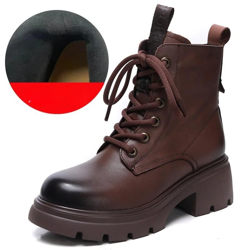 Johnature Genuine Leather Women's Shoes Versatile Lightweight Anti Slip Thick Heel Short Boots