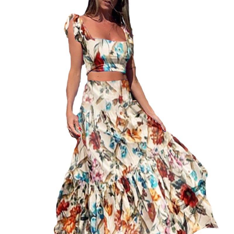2025 Summer New Waist Top Fashionable and Sexy Printed Dress Long Dress Two-piece Set