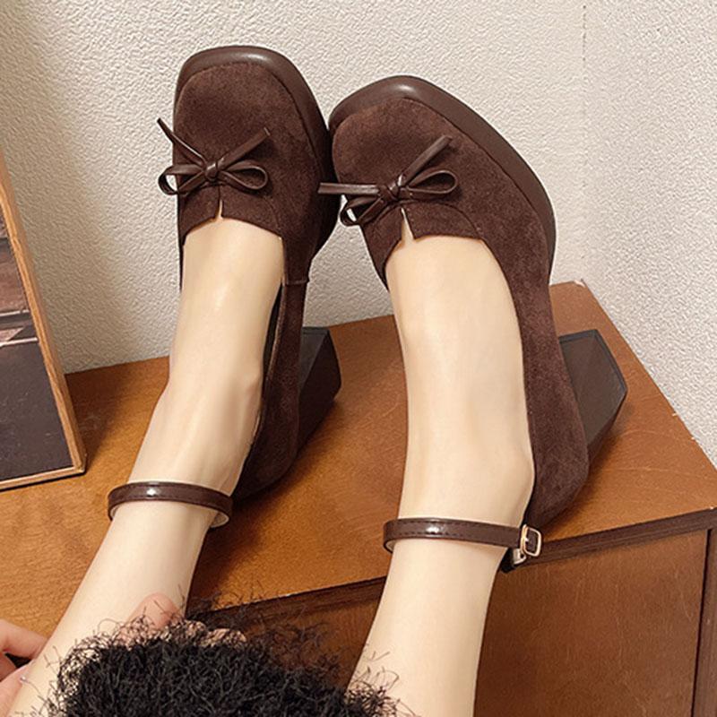 Fashion Retro Pumps for Women Solid Suede Spring Autumn Ankle Buckle Chunky High Heels Women Shoes Black Brown Fashion Mary Jane Shoes