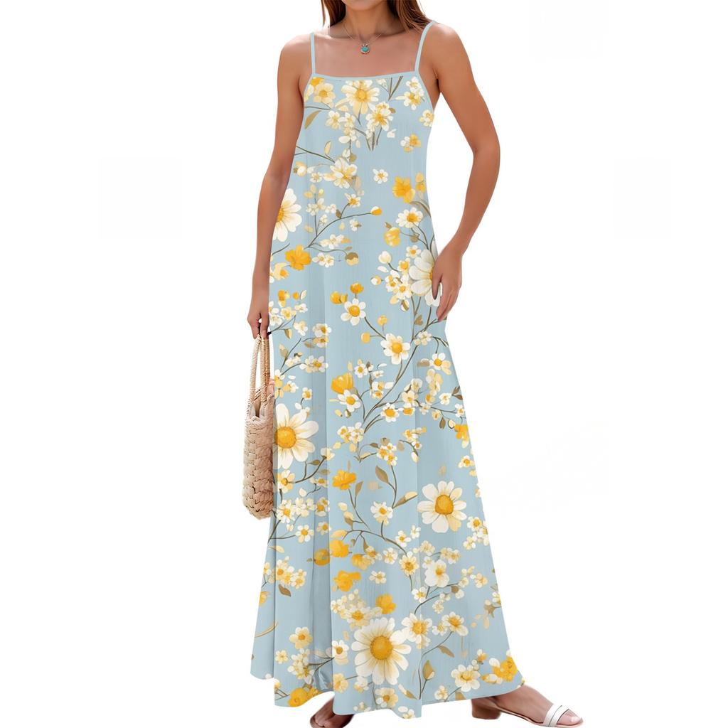 Women's Spring And Summer Casual Fashion Adjustable Suspenders Printed Long Dress
