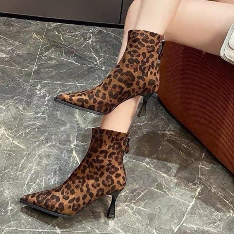 Elastic Velvet High Heels Booties Women's Autumn Winter Pointed Toe Slim Fit Boots Korean Sle Waterproof Platform Ankle Boots