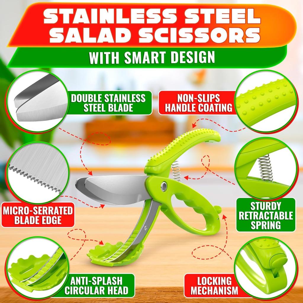 Salad Tongs For Toss and Chop Vegetable Salad Kitchen Shears Salad Scissors 2in1 Food Chopper Double Blade For Easy Salad Making