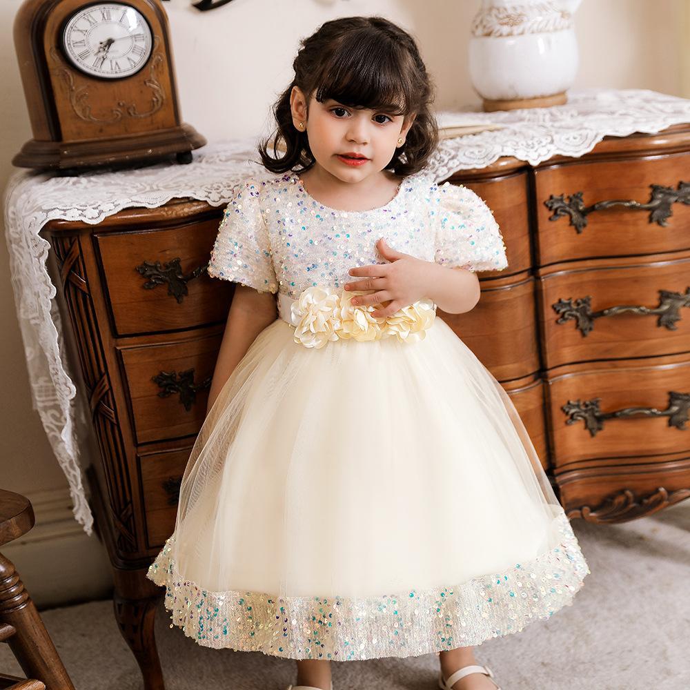 Kids Sequin Birthday Dress Summer Wedding Flower Girls Dress Toddler Baptism 1st Birthday Dress Baby Girl Clothes Princess Wedding Party Kids Costume