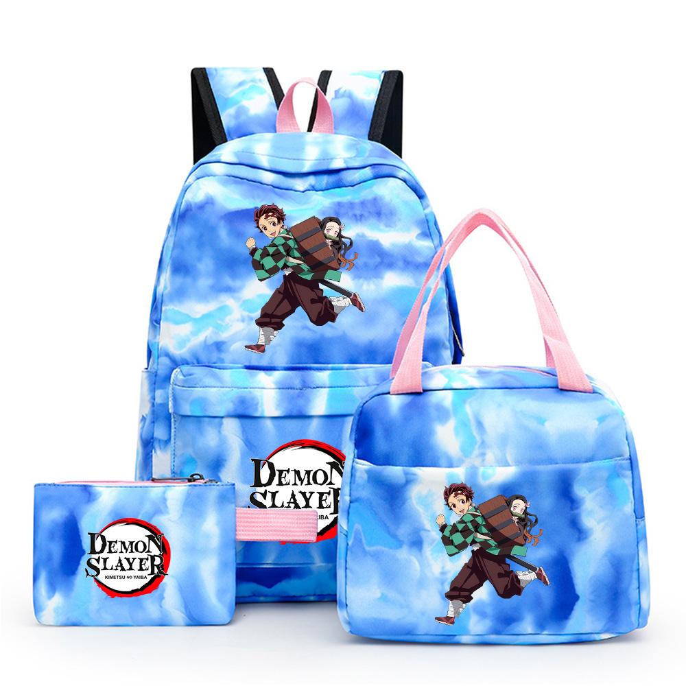 3Pcs/set Anime Demon Slayer Printed Backpack with Lunch Bag Pencil Case for Teenager Waterproof Bookbag Travel Bag Gift