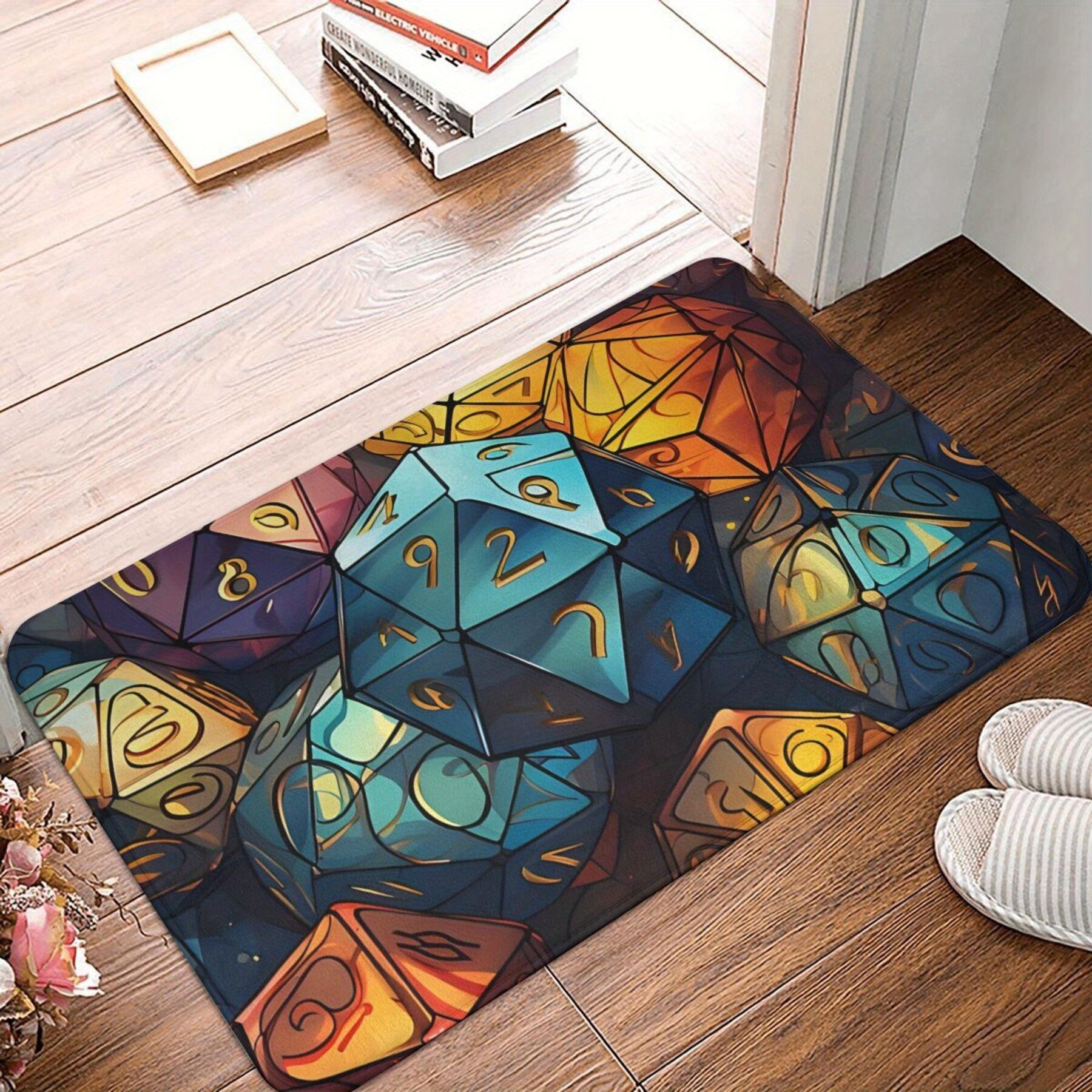 

Polyhedral dice illustration pad, faceted geometric shapes on blue dark background, carpet interior home decoration 40x60cm