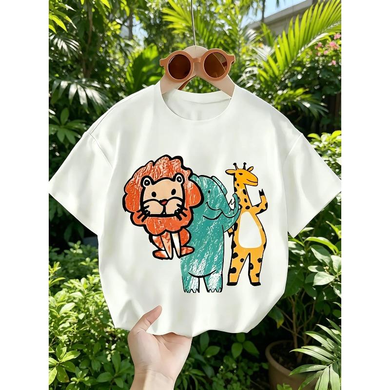 European sizes Boys' Cute and Cool Cartoon Print Letter T-Shirt - Soft, Breathable Round Neck Short Sleeve Tee with Whimsical Three Animal Design