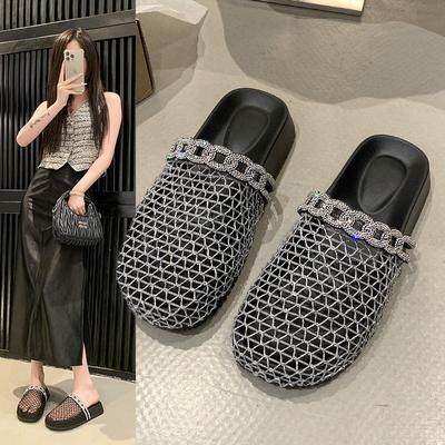 Design Sense Niche Baotou Sandals Women's 2025 New Summer Mesh Hollow Fashionable Rhinestone One Pedal Cool Slippers